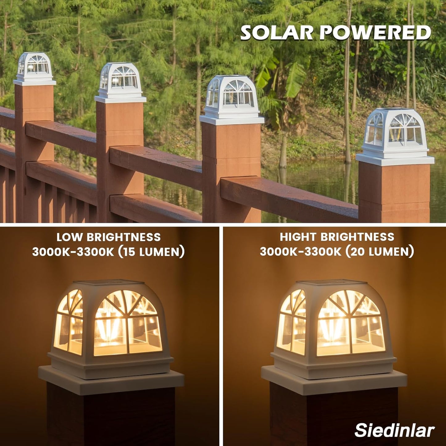 SIEDiNLAR SD1065W Solar Post Lights Outdoor Fence Deck Post Cap Light 2 Brightness Edison LED Bulbs for 4x4 5x5 Vinyl Wooden Posts Patio Decoration, Warm White Lighting